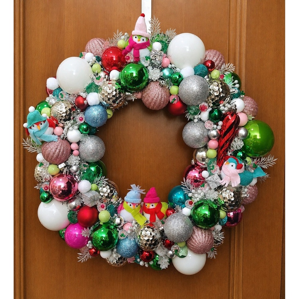 Christmas Ornament Spritz Bird Wreath OOAK Handmade Tinsel 22" Assemblage Art